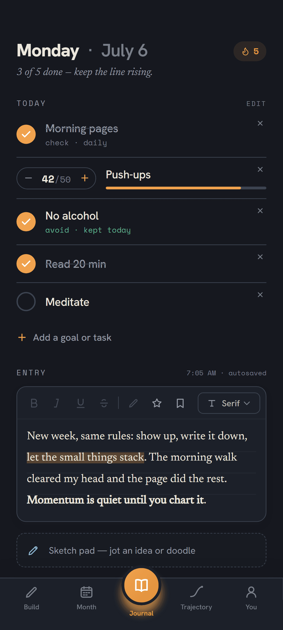 Daily journal with goals and writing in the Dusk theme