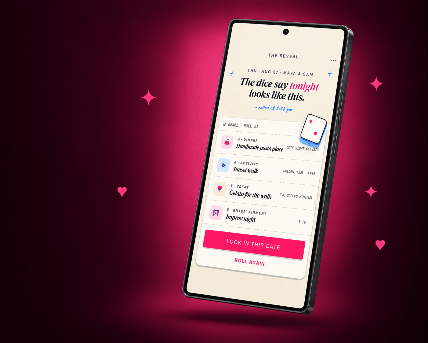 DATE reveal screen on a phone: the dice say tonight looks like this