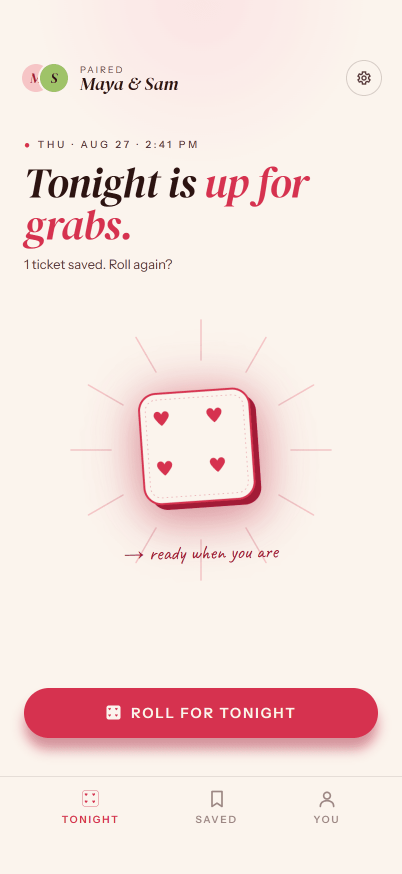 DATE Tonight screen in the Daylight theme, with sample couple Maya and Sam