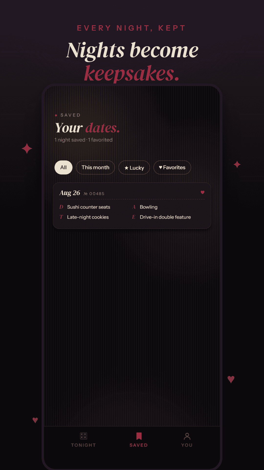 DATE Velvet Room campaign artwork showing saved date tickets