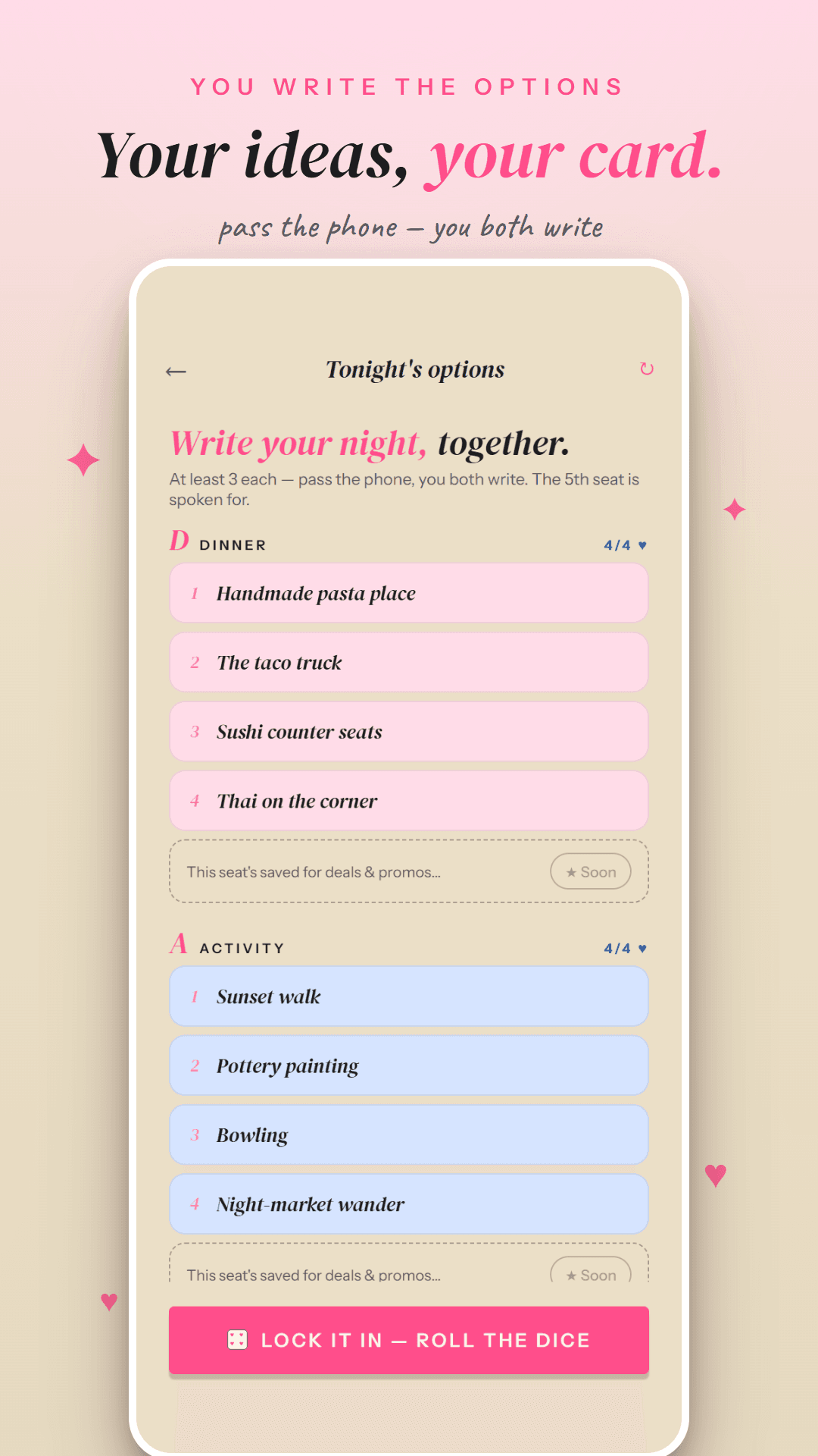 DATE campaign artwork showing shared dinner and activity options in Risograph