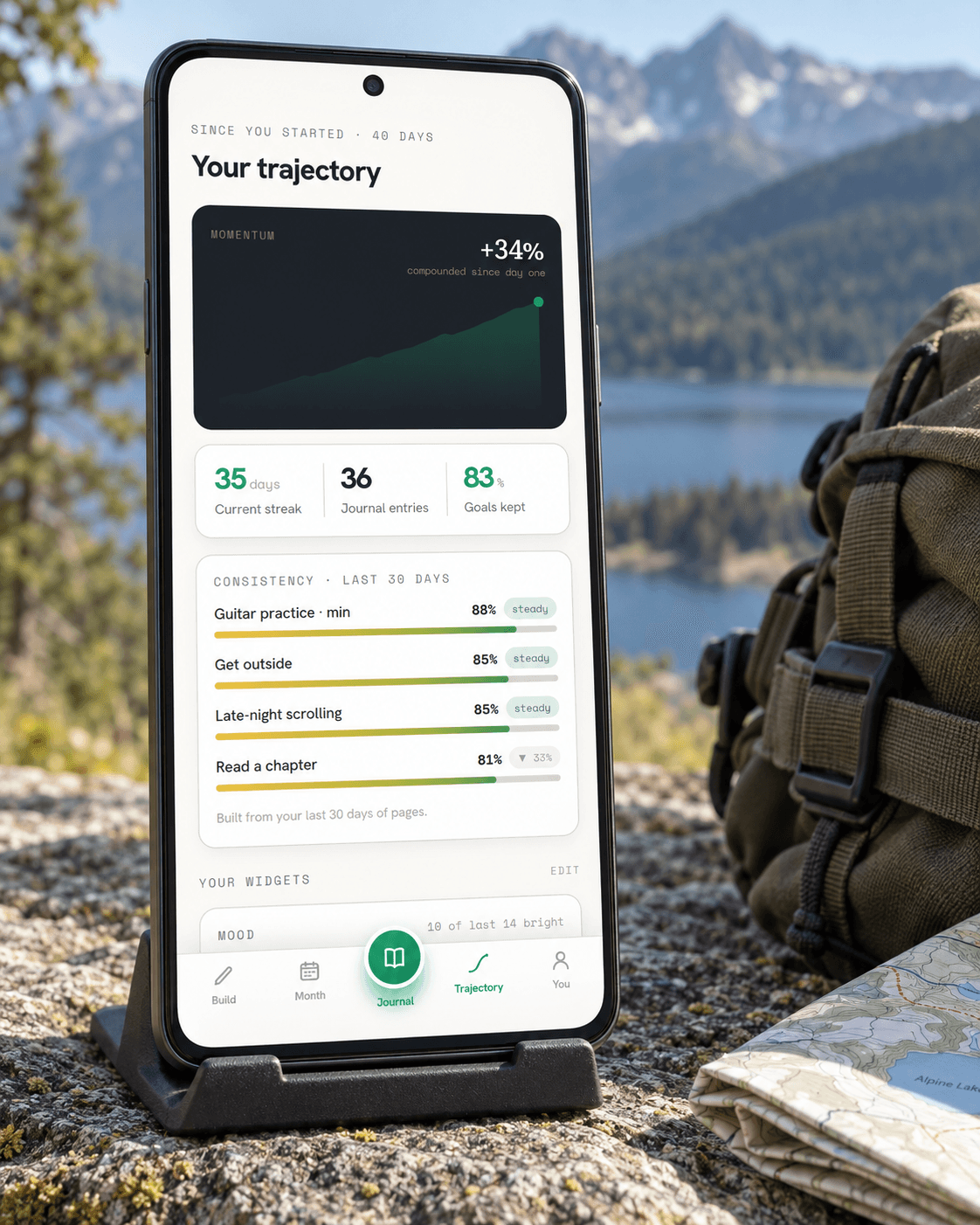 Trajectory marketing photo showing a sample progress dashboard beside a mountain lake