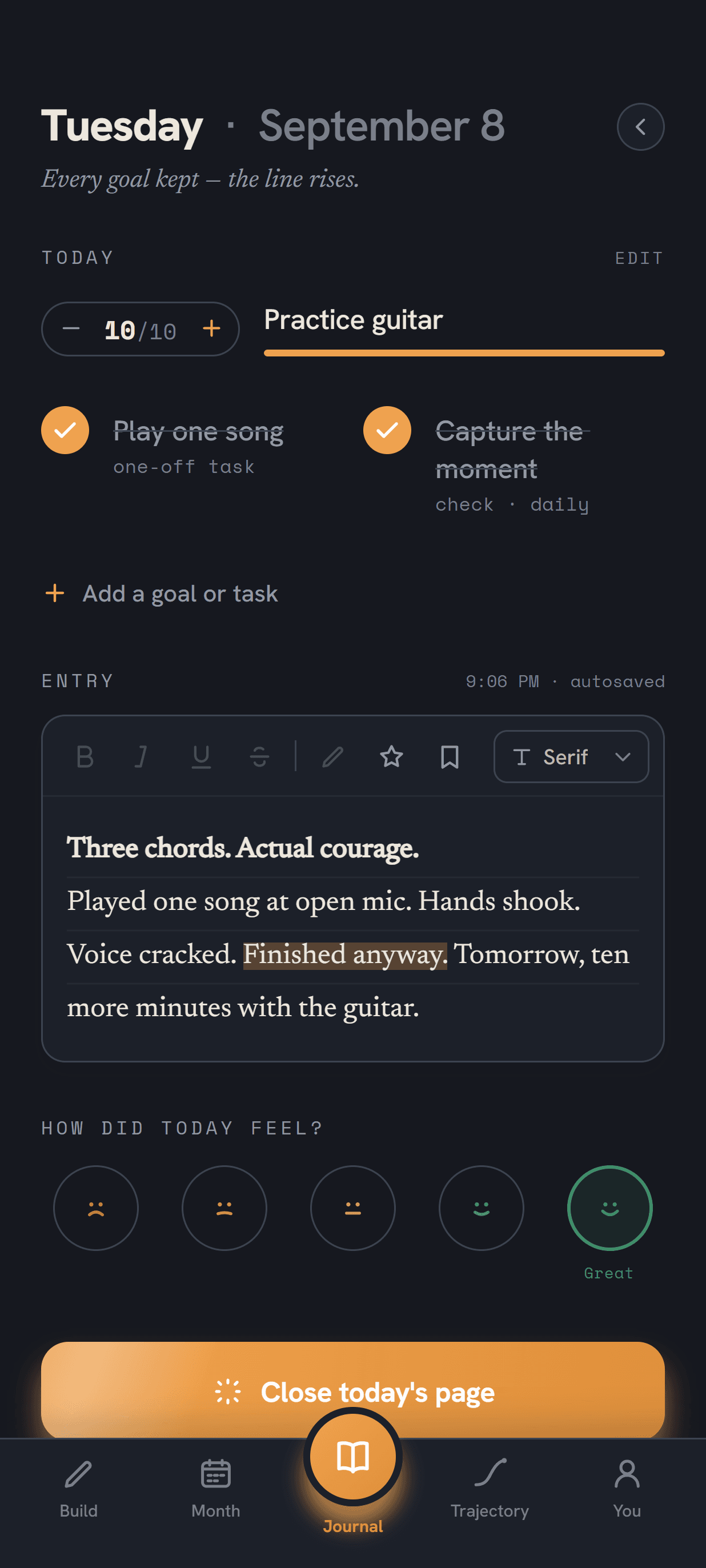 Trajectory Journal screen in the Dusk theme, with sample data